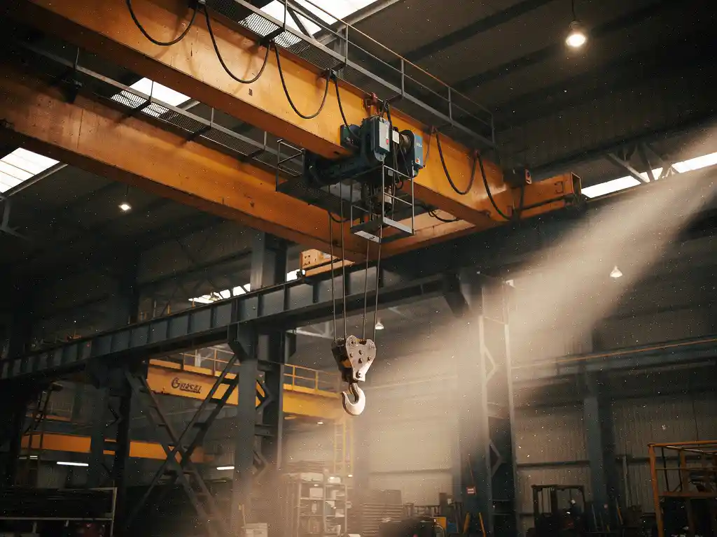 Zware bovenloopkraan met stalen balken en lasthaken in een industriële werkplaats, verlicht door warm amberkleurig fabriekslicht.