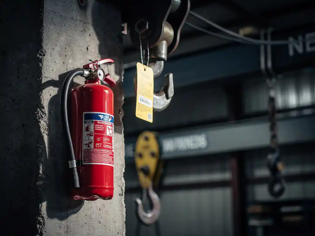Rode brandblusser gemonteerd op betonnen muur in industriële werkplaats, met stalen kraanonderdelen en gele veiligheidsinspectietag op de achtergrond.