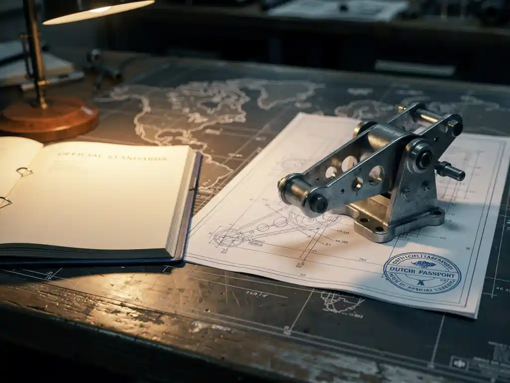 Verouderd technisch bureau met open normenboek, stalen kraancomponent en certificeringsstempel op blauwdruk, met wereldkaart op de achtergrond.