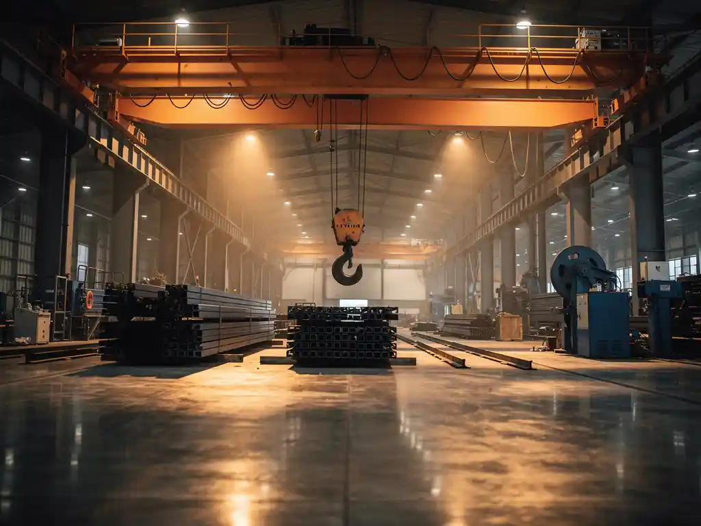 Bovenloopkraan met stalen haak boven gestapelde staalbalken in industriële fabriekshal met oranje-amberkleurige verlichting.