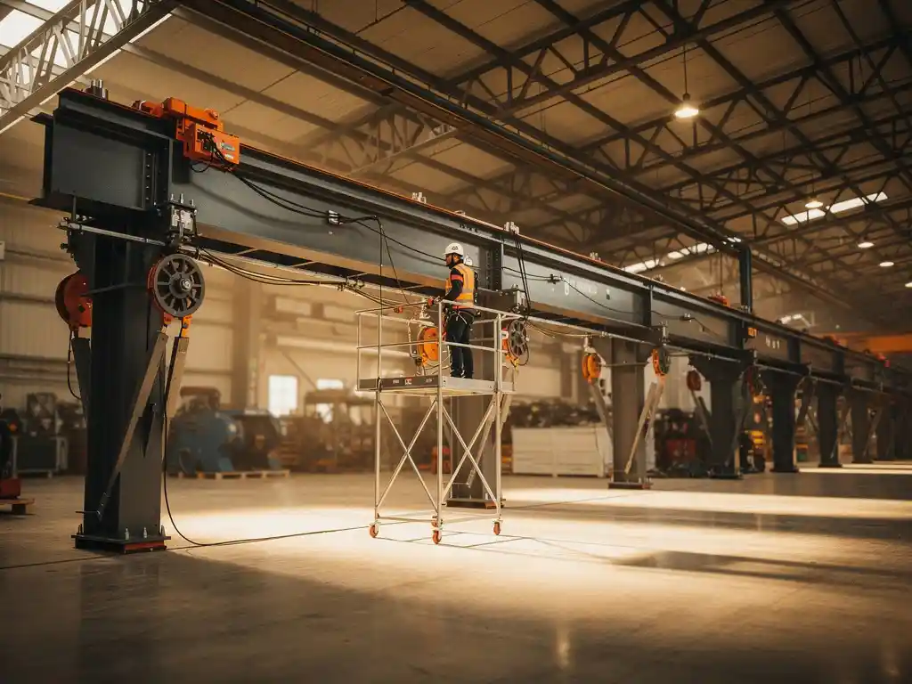 Technicus in veiligheidsuitrusting installeert een industriële overheadkraan op hoogte in een grote productiefabriek.