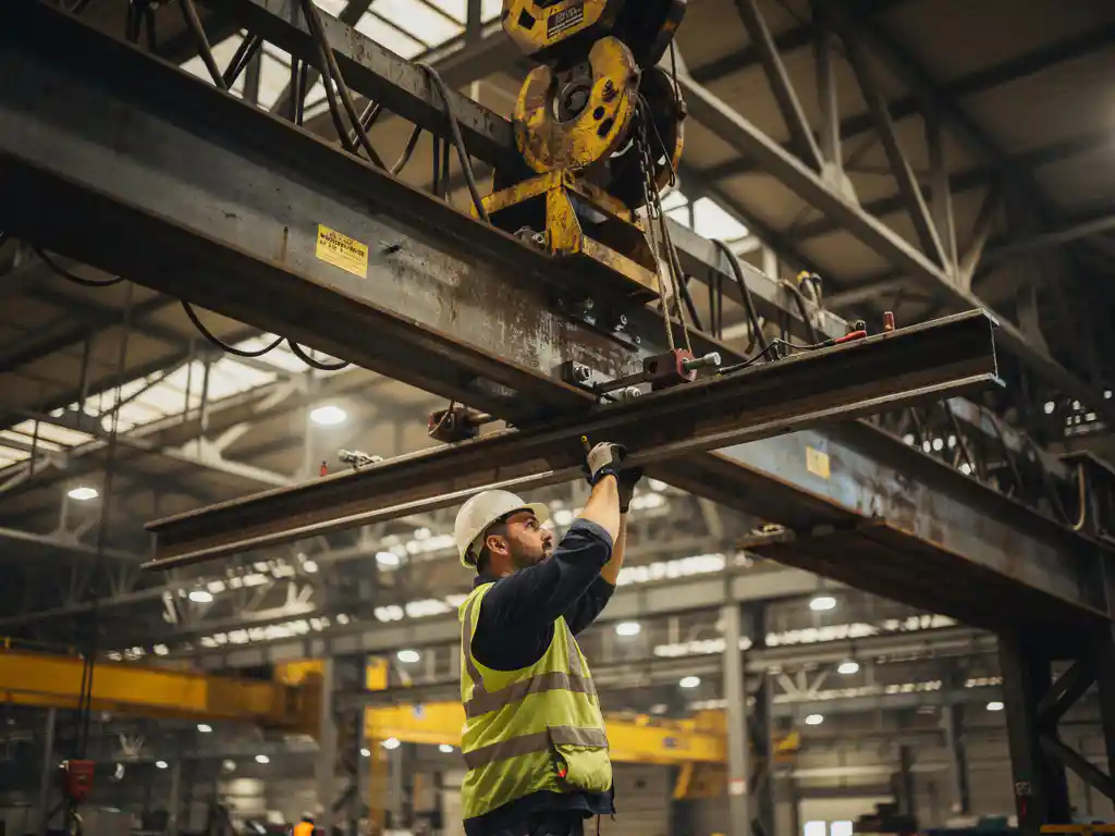 Technicus installeert verlengd railsegment op een zware overheadkraan in industriële werkplaats, stalen balken en hefmechanismen zichtbaar.