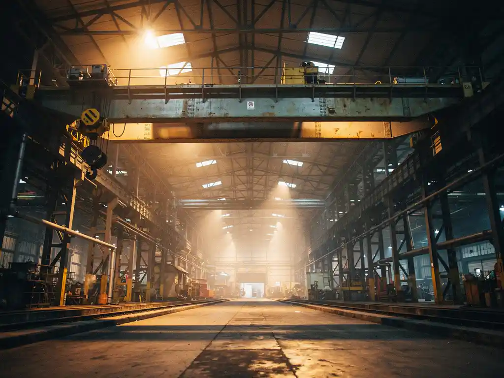 Reusachtige overheadkraan brug van staal in industriële fabriekshal, gefotografeerd vanuit lage hoek met amberkleurige werkplaatsverlichting.
