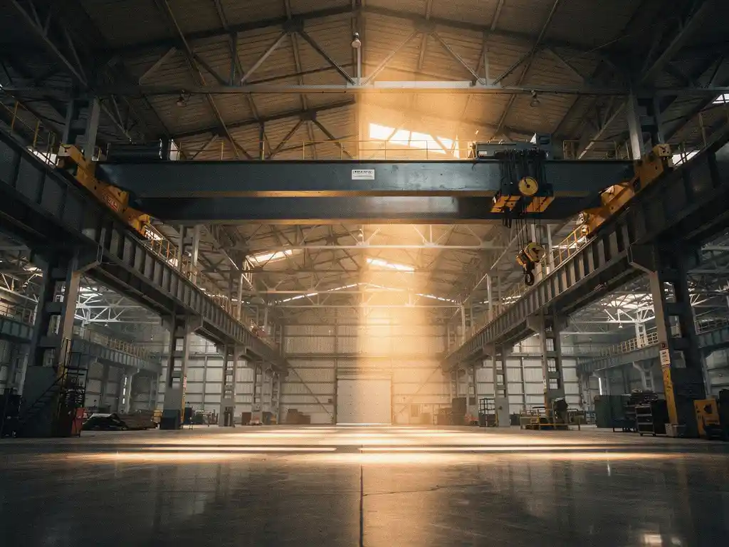 Bovenaanzicht van een industriële loopkraan met stalen brugbalk op verhoogde loopbaanrails in een grote fabriekshal met amberkleurige verlichting.