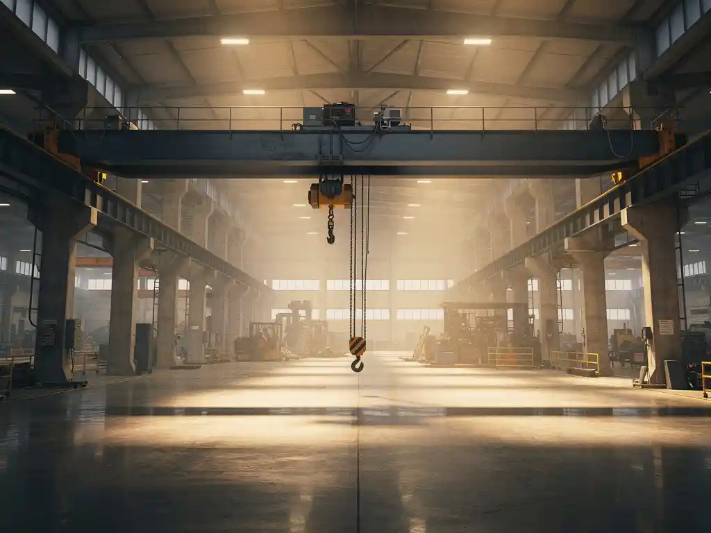 Industriële overheadkraan met stalen brugbalk over volledige fabriekshal, zware kettingen hangend, amberkleurig werkplaatslicht op betonnen vloer.