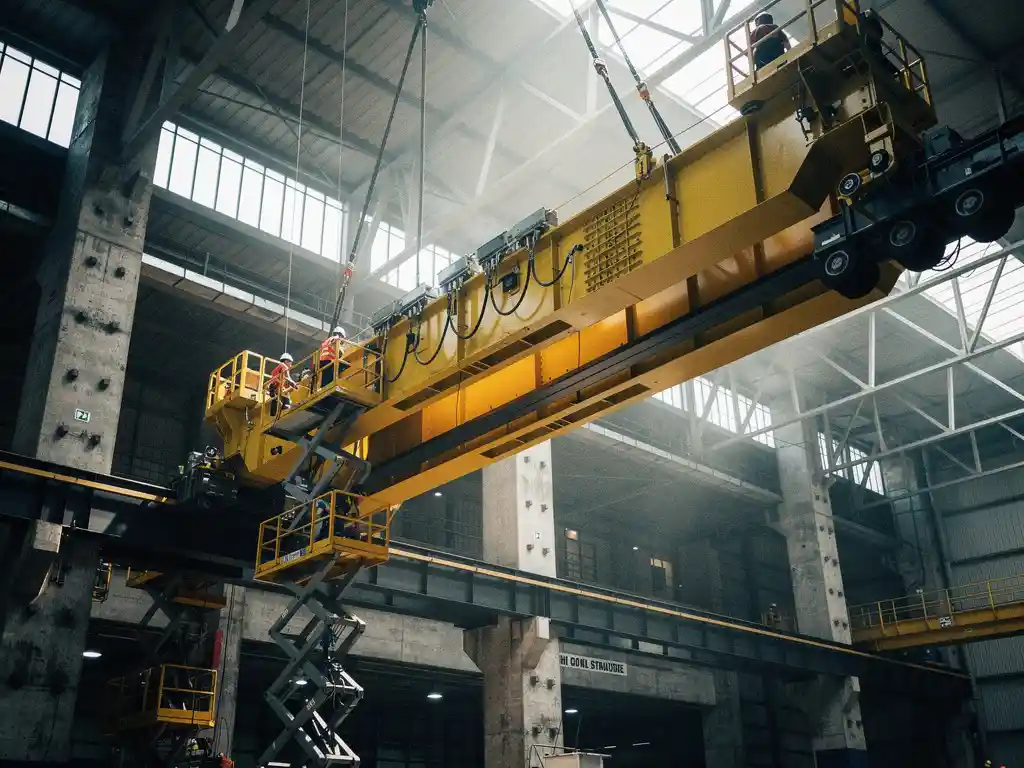 Installatie van een grote loopkraanbrug in een industriële hal, gehesen langs stalen I-profielrails op betonnen kolommen, monteurs werken op hoogte.
