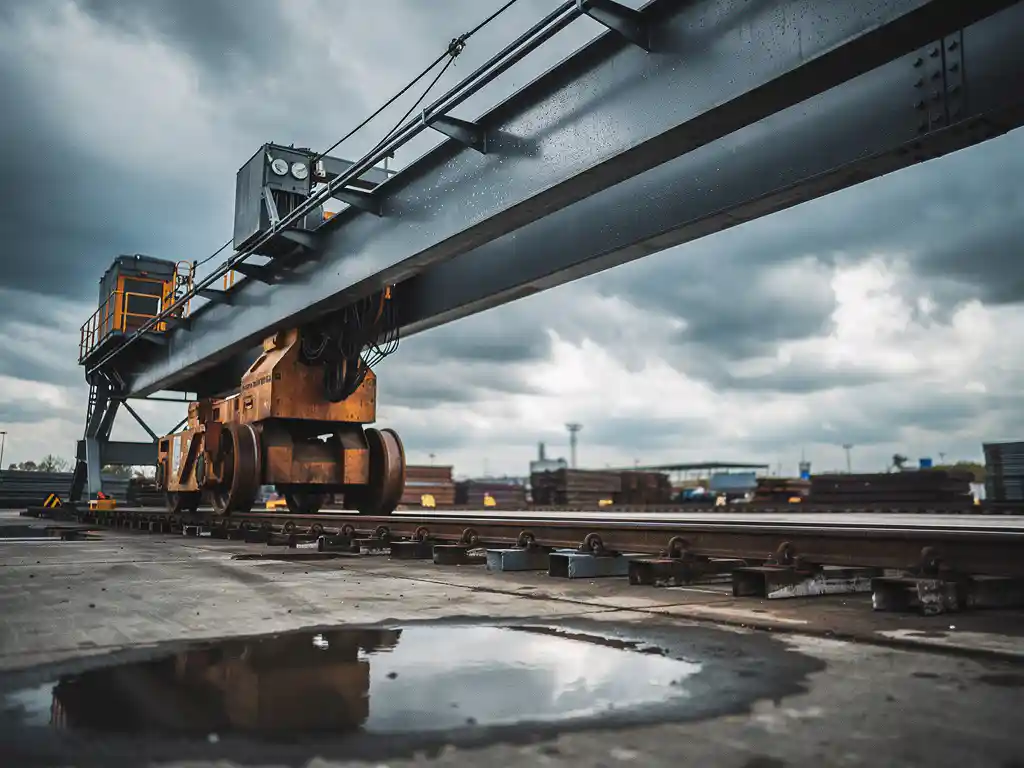 Zware bovenloopkraan op industriële stalen rails buiten, met regendichte behuizing onder bewolkte lucht en plassen op betonnen ondergrond.