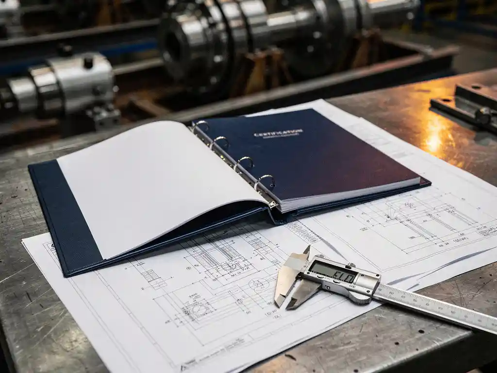 Opengeslagen certificeringsbinder op stalen werkbank met technische tekeningen en schuifmaat, kraanonderdelen op de achtergrond.