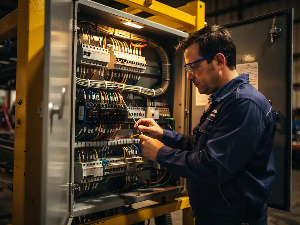 Elektrotechnicus inspecteert industrieel schakelkast met kleurgecodeerde bedrading en zware stroomonderbrekers in kraaninstallatie.