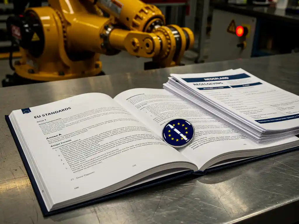 Open officieel normendocument op stalen werkbank met Europese vlaggenpin en Nederlandse regelgeving, kraancomponent op achtergrond.