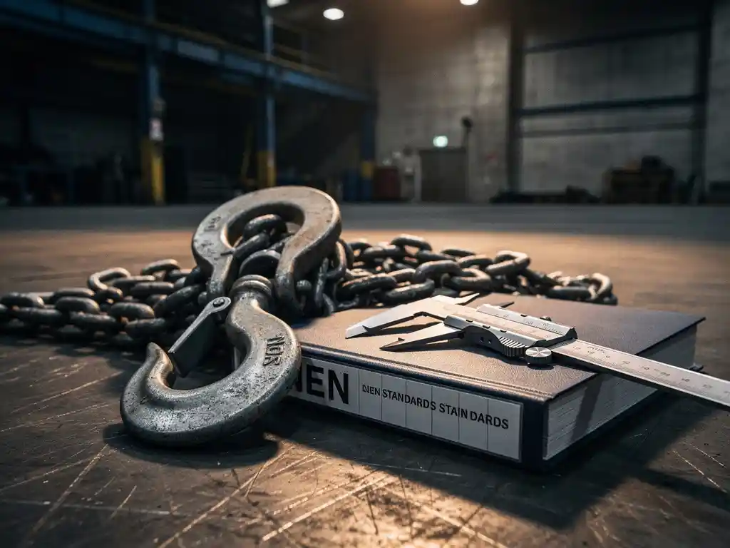 Zware kraanhaak en laadketting op stalen werkplaatsvloer naast een opengeslagen NEN-normenboek met schuifmaat.