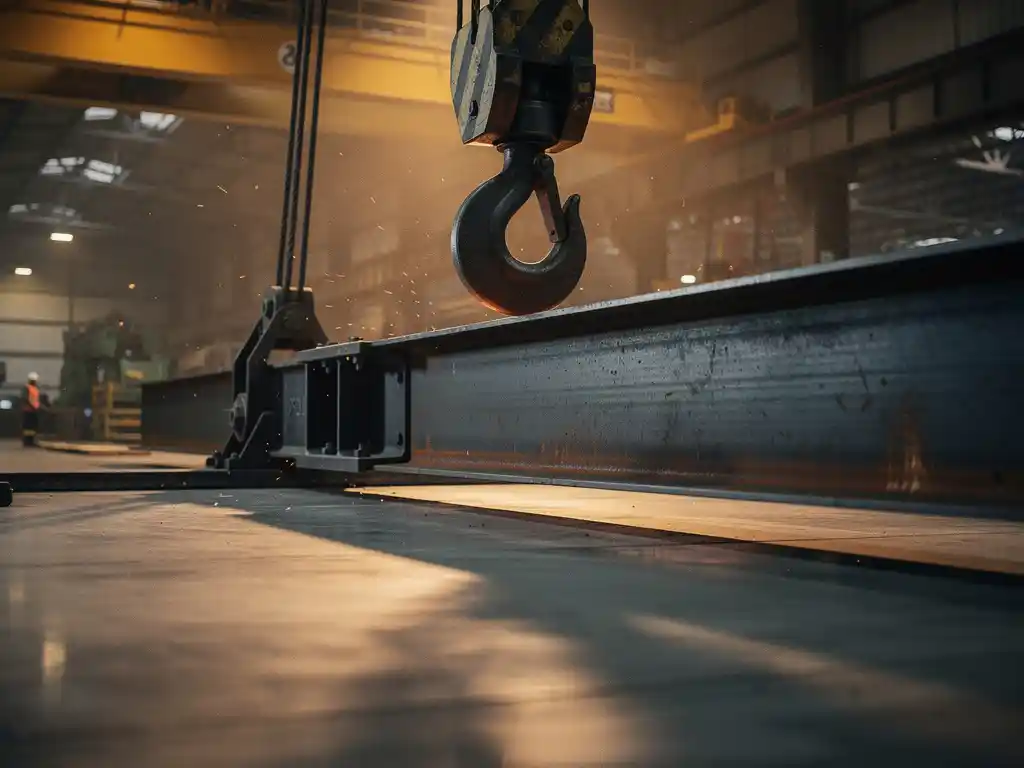 Industriële kraanhaak daalt naar een zware stalen balk op fabrieksloer, gespannen kabels, warm amberkleurig licht en lage camerahoek.