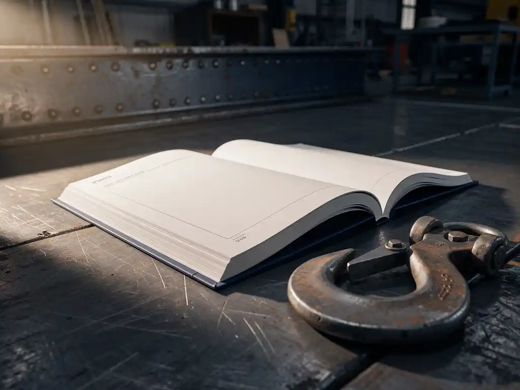 Dik nalevingsdocument opengeslagen op een stalen werkvloer naast een zware kraanhaak, met geklonken balken op de achtergrond.