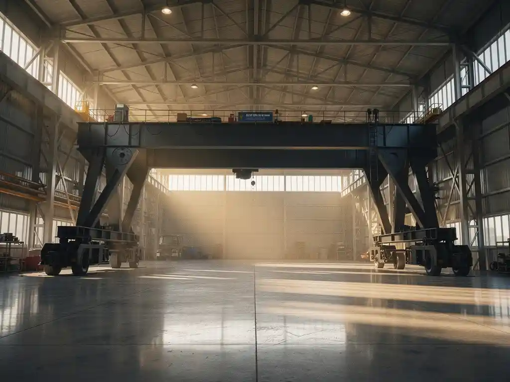 Massale loopkraanbrug met stalen liggers en eindbalken in een industriële werkplaats, verlicht door warm fabriekslicht en hoog daglicht.