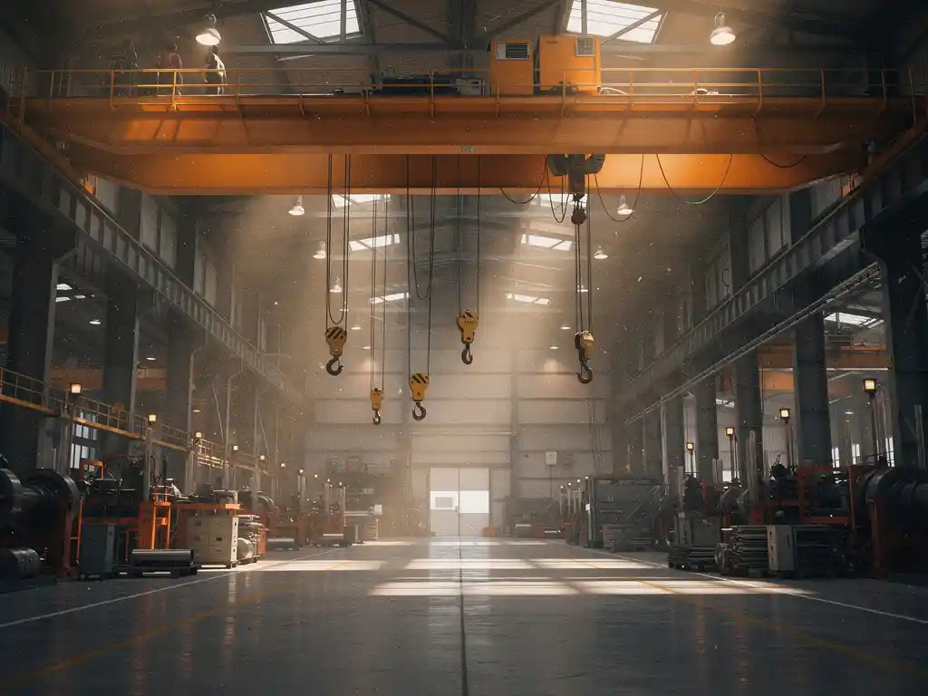 Industriële overheadkraan met stalen balken en hijshaken in een grote werkplaats, verlicht door warm amberkleurig licht.