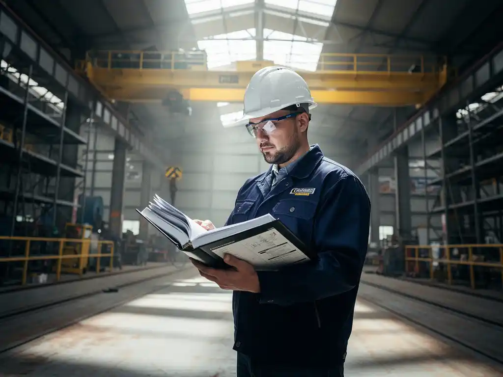 Gecertificeerd ingenieur met helm controleert compliance-binder op staalvloer, met hijskraan en industriële steigers op de achtergrond.