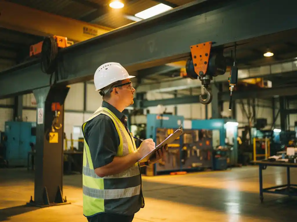 Gecertificeerde industrieel inspecteur met helm en klembord inspecteert stalen bovenloopkraanbalk in Nederlandse productiefaciliteit.