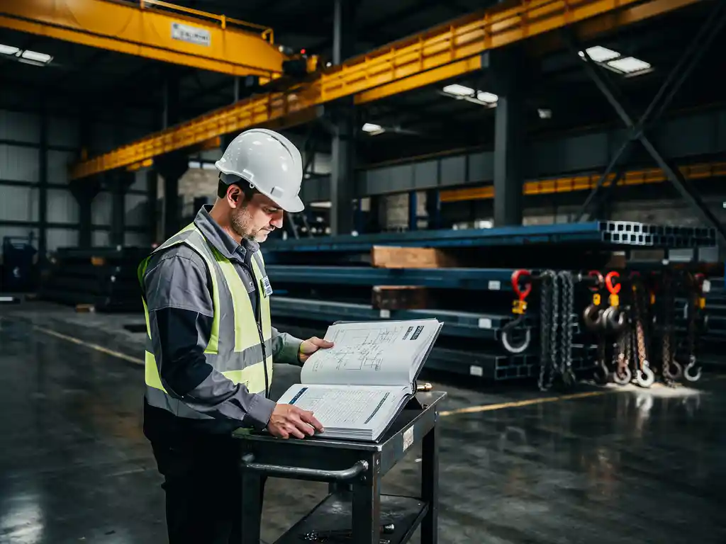 Gecertificeerd ingenieur met helm controleert compliance-document naast grote overheadkraan in industriële werkplaats.