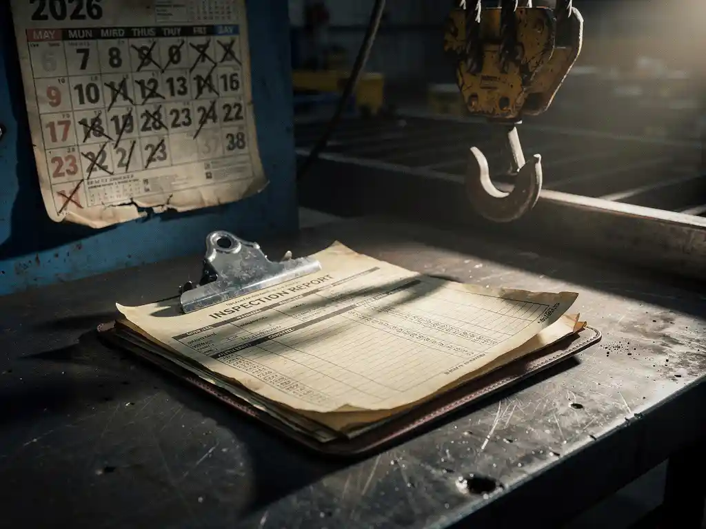 Verouderd industrieel klembord met vervaagde technische keuringsdocumenten op een stalen werkbank, kalender met afgestreepte maanden en kraanhaak op de achtergrond.