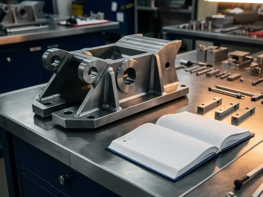 Stalen kraancomponent op werkbank in industriële werkplaats, met technische normenmap en meetgereedschap ernaast.