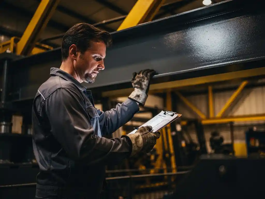 Kraantechnicus inspecteert technische checklist op klembord naast een grote bovenlooopkraan in industriële werkplaats.