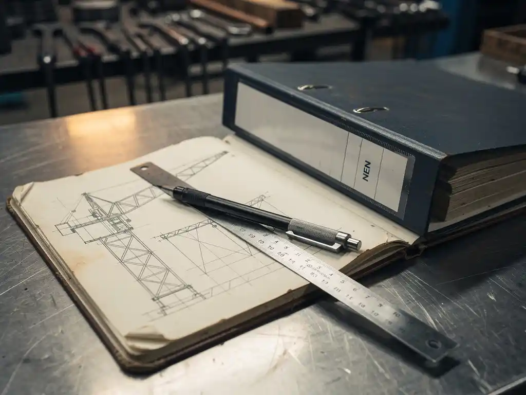 Versleten technisch tekenboek met kraanschetsen, stalen liniaal en mechanisch potlood op een stalen werkbank naast een NEN-normenmap.