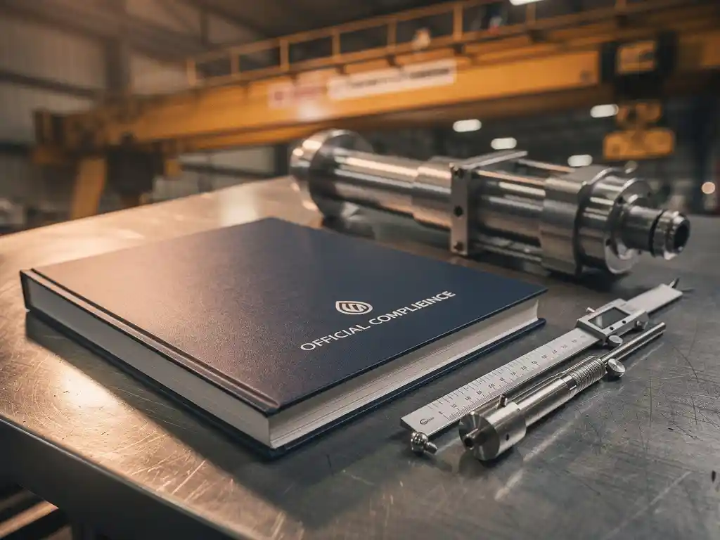 Dik nalevingsdocument in donkerblauwe omslag naast kraancomponent en kalibratietool op stalen werkoppervlak in industriële omgeving.
