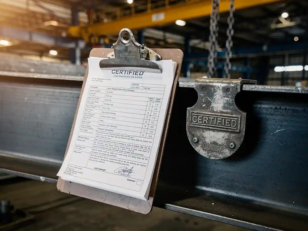 Gecertificeerd inspectierapport op stalen klembord naast metalen compliancebadge op industriële kraanbalk in werkplaats.