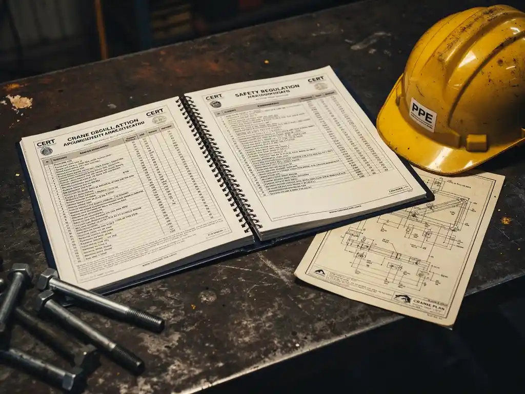 Kraankeuring certificaat en open veiligheidshandboek op stalen werkbank, met gele helm, bouten en technische tekening.