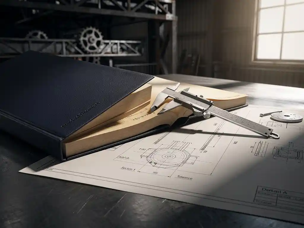 Open Nederlands normdocument op stalen werktafel, gedeeltelijk bedekt door een schuifmaat en technische blauwdruk, kraanonderdelen op de achtergrond.