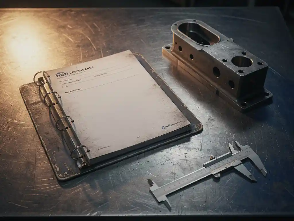 Versleten industriële ordner met NEN-normdocumenten op stalen werkbank, naast kraancomponent en schuifmaat, warm werkplaatslicht.