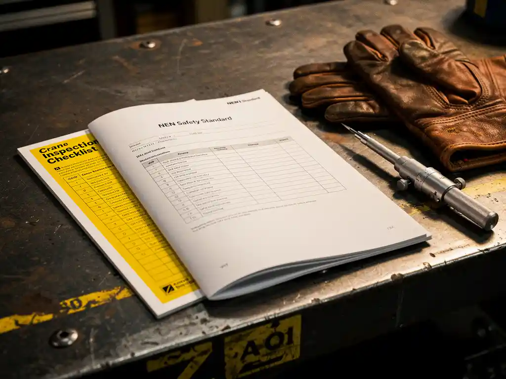 Open NEN-normendocument op stalen werkbank naast veiligheidskeuring checklist, leren handschoenen en kalibratiegereedschap in industriële werkplaats.