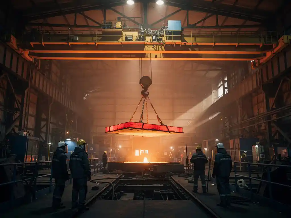 Industriële kraan tilt gloeiend roodheet stalen plak boven fabriekshal, arbeiders in beschermende uitrusting zichtbaar onder dramatisch amberkleurig licht.