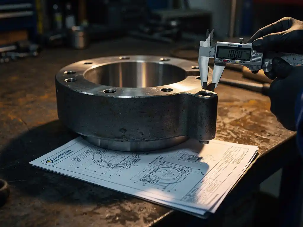 Stalen kraancomponent gemeten met precisieklauwmaat op werkbank, technische tekeningen en inspectiedocumenten eronder, industriële werkplaats.