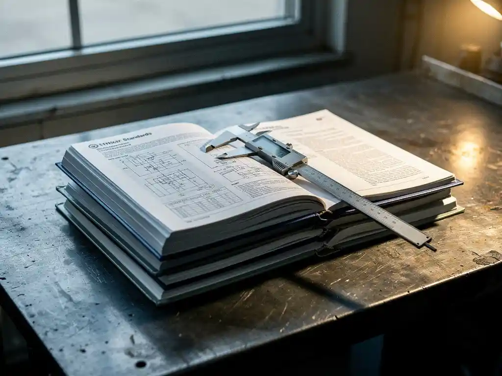 Stapel technische normenboeken op stalen werkbank met open certificeringspagina's en schuifmaat, verlicht door warm atelierslicht.