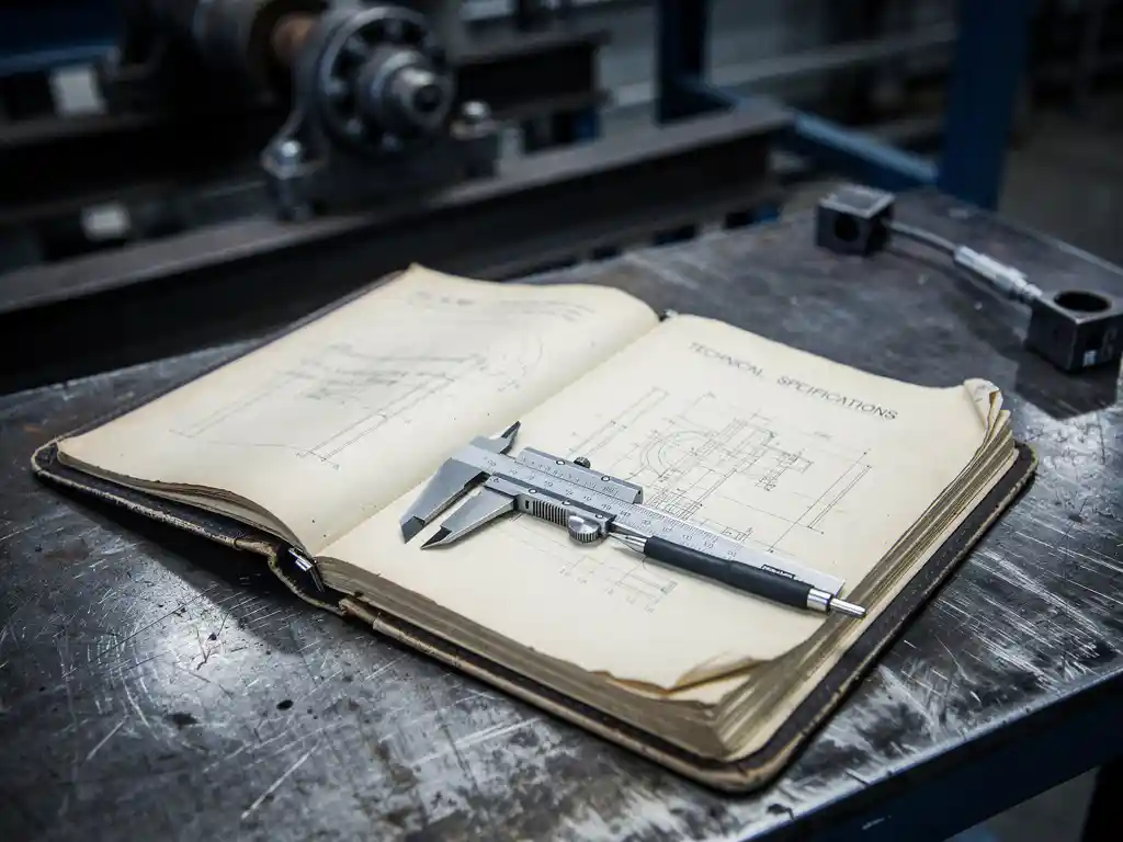 Versleten technische map met specificatiebladen, schuifmaat en potlood op stalen werktafel in industriële omgeving.