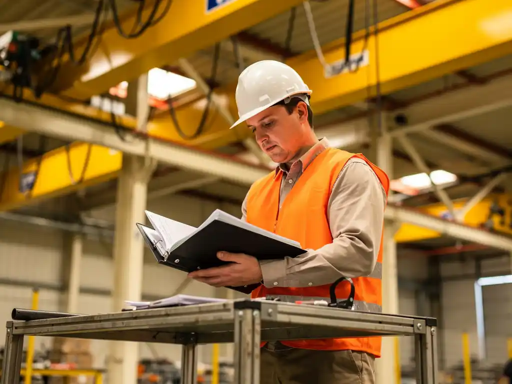 Industriële medewerker met helm en veiligheidsvest controleert nalevingsdocumentatie naast een hijskraan in Nederlandse productiefaciliteit.