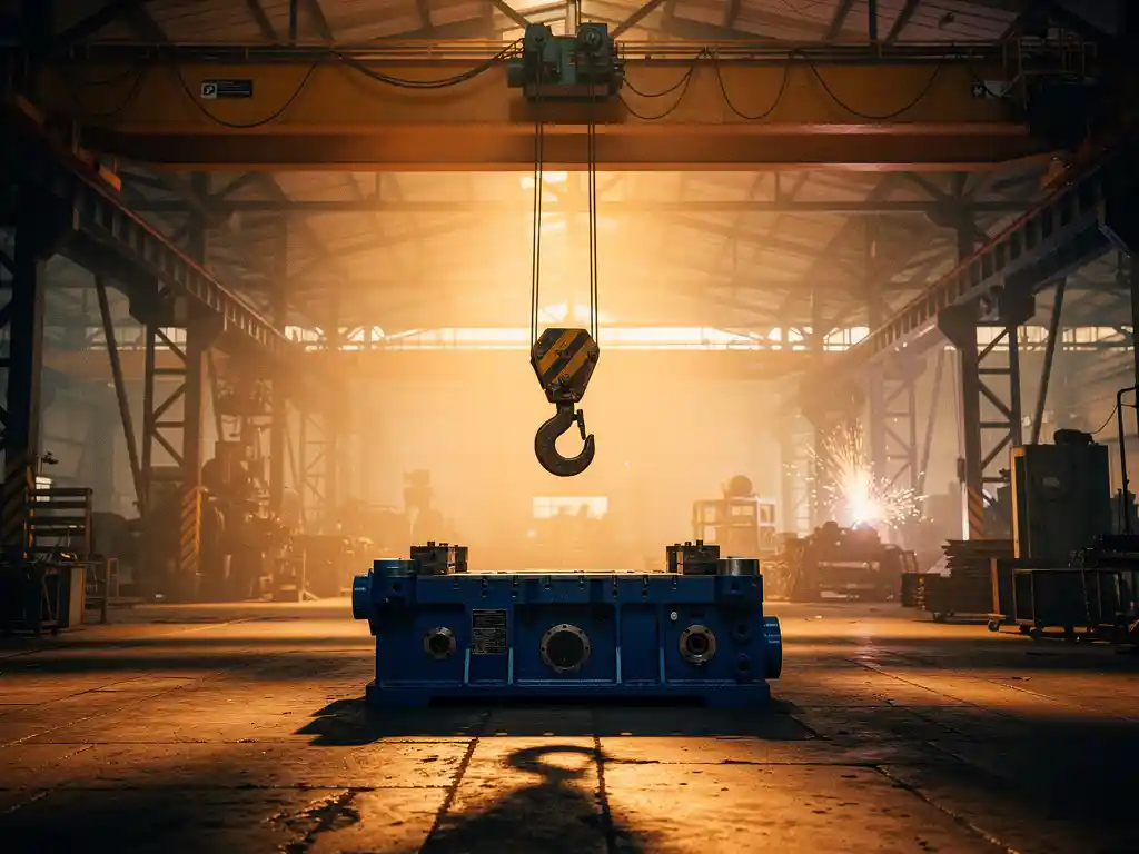 Zware overheadkraan met stalen haak boven machinedeel in industriële fabriek, amberkleurig licht en lassrook op de achtergrond.