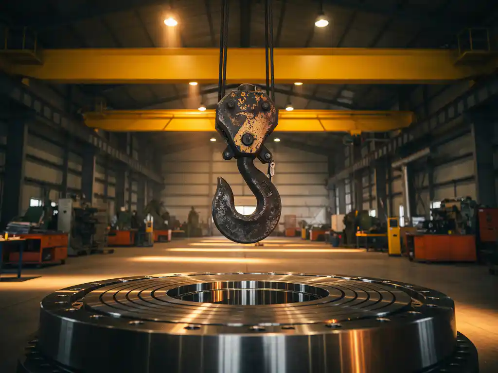 Industriële overheadkraan met stalen haak boven bewerkt metalen component in fabriek, warm amberkleurig licht en oranje-grijze tinten.