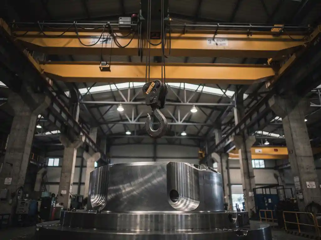 Industriële brugkraan met stalen haak boven bewerkt staalonderdeel op fabriekshal vloer, lage camerahoek benadrukt schaal.