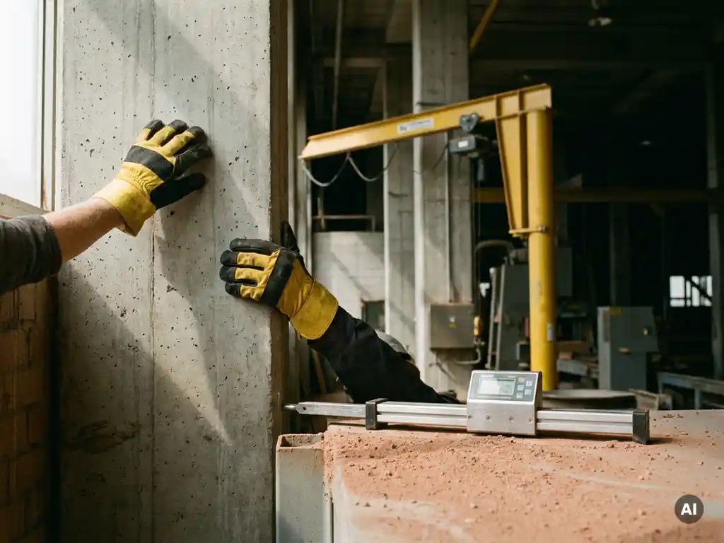 Gehandschoende hand die een industriële betonnen muur inspecteert, met een wandmontage hijskraan op de achtergrond.