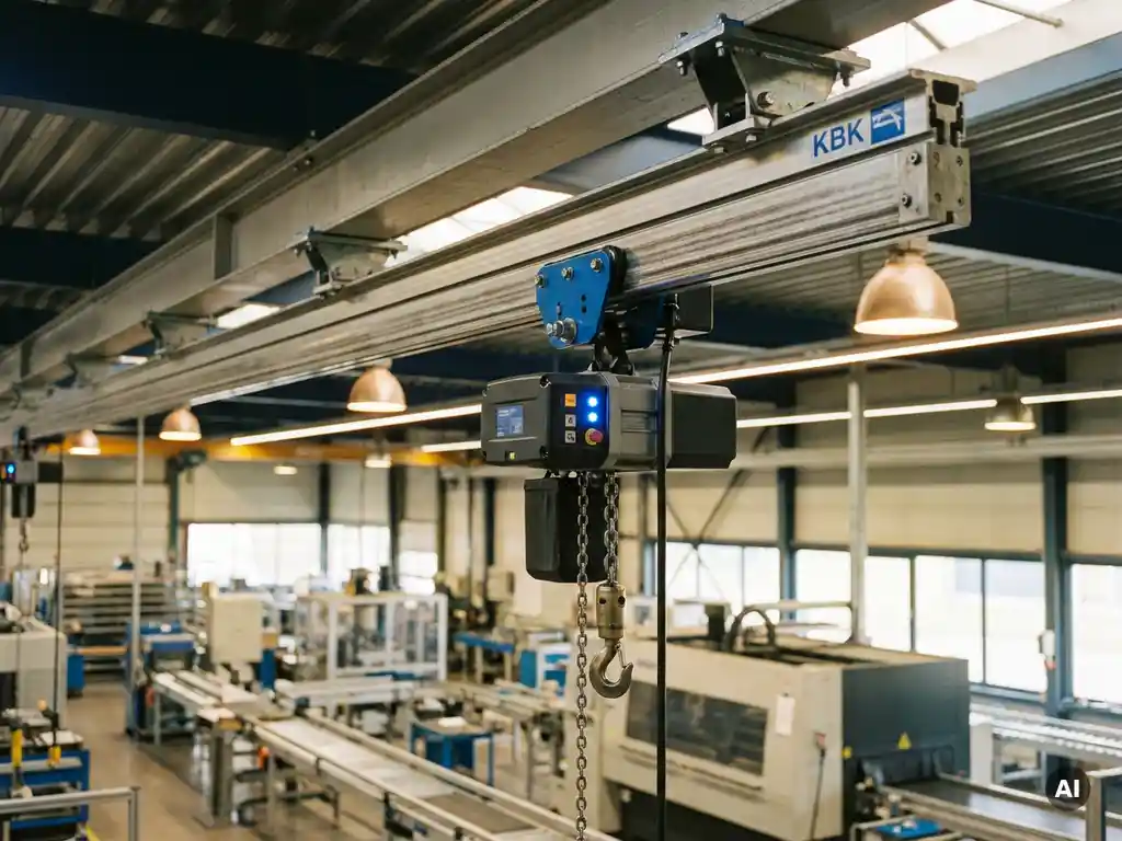 Elektrisch KBK lichtkraansysteem op industriële plafondgeleiders in Nederlandse productiefaciliteit met blauwe indicatielampjes.