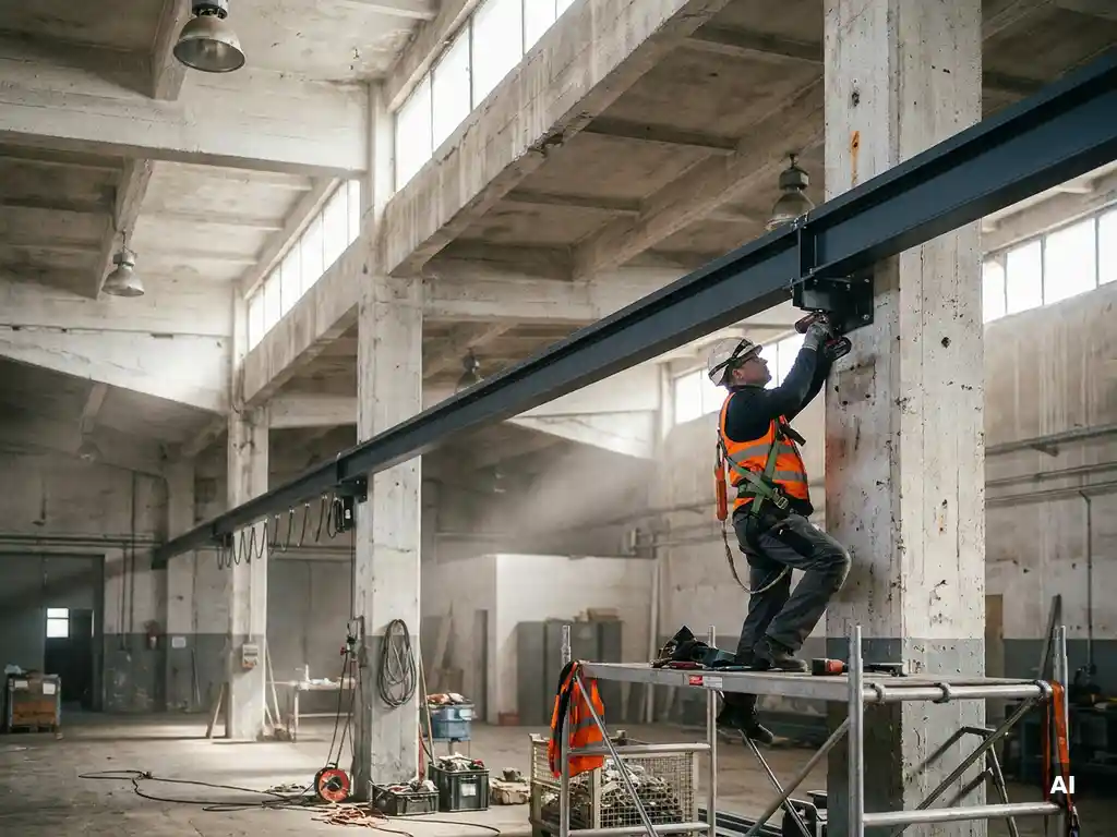 Technicus installeert KBK monorailsysteem op stalen I-profielen aan betonnen plafondkolommen in industriële loods.