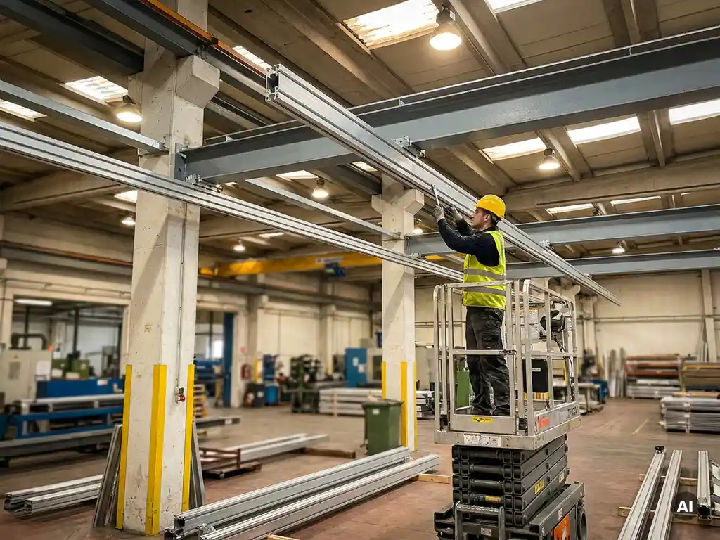 Monteur in veiligheidsuitrusting installeert aluminium railsectie van KBK lichtbaansysteem in industriële fabriek.