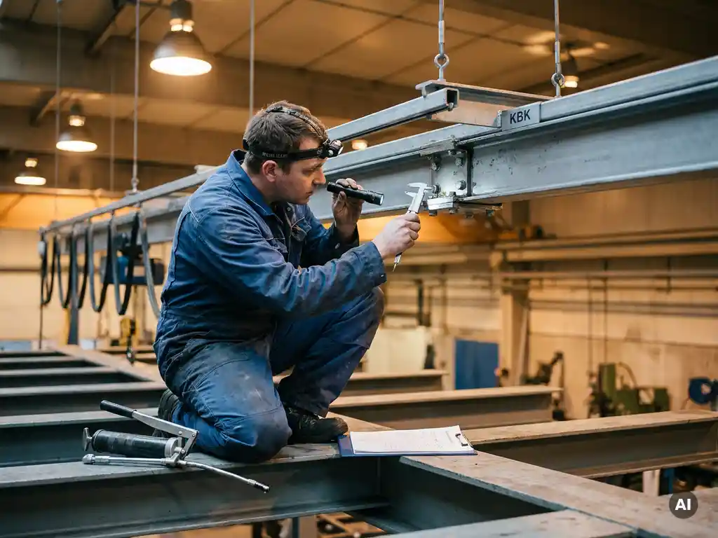 Technicus in blauwe werkoverall inspecteert railverbinding van KBK lichtloopkraan systeem in industriële werkplaats.