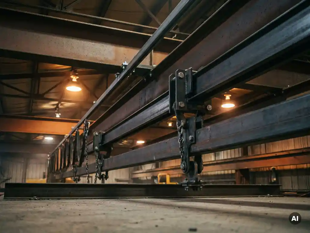 KBK kraanbaansysteem opgehangen aan stalen dakspanten in industriële productiehal, lage camerahoek met warm amberkleurig licht.