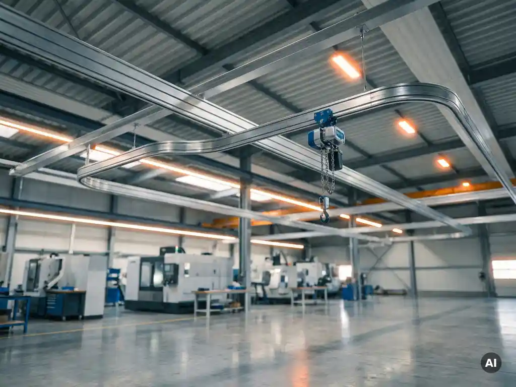 KBK lichtbaansysteem met aluminium railsporen aan het plafond van een industriële werkplaats, kettingtakel hangend boven betonvloer.