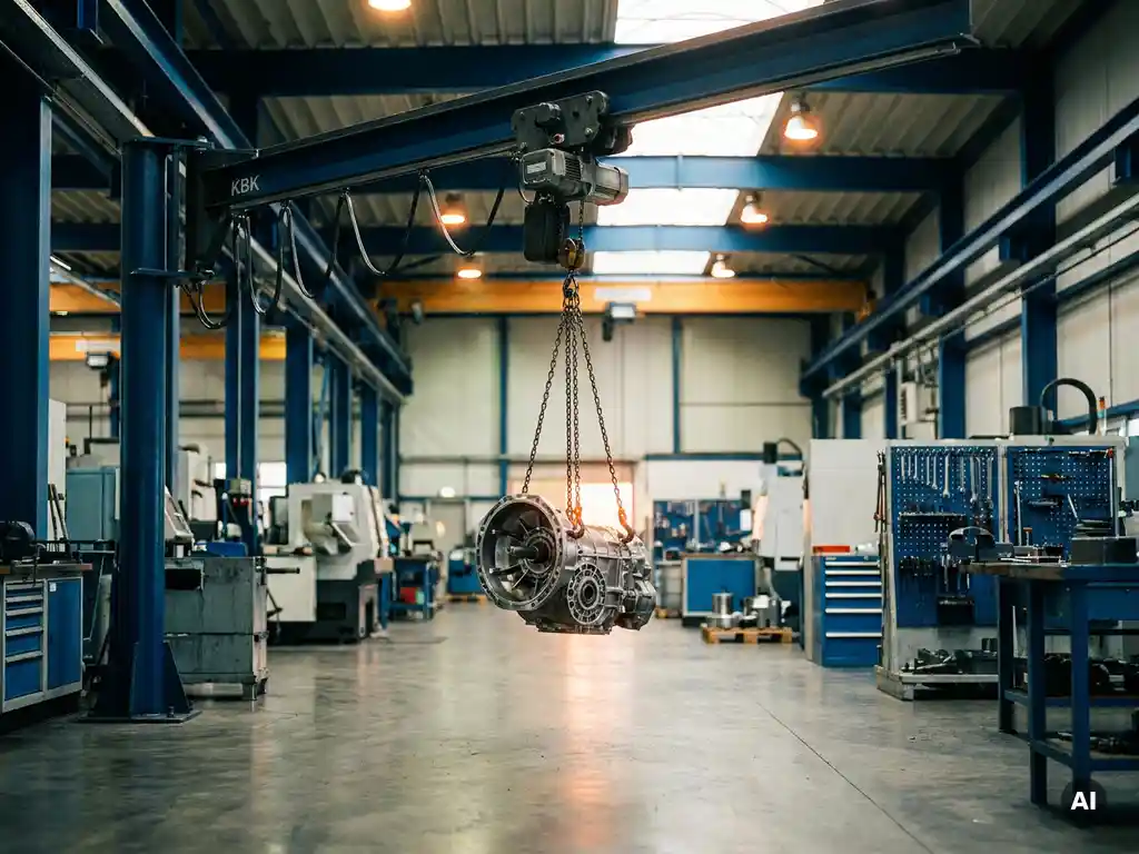 KBK lichtbaansysteem in industriële werkplaats met precisieonderdeel hangend aan loopkat boven betonnen vloer.