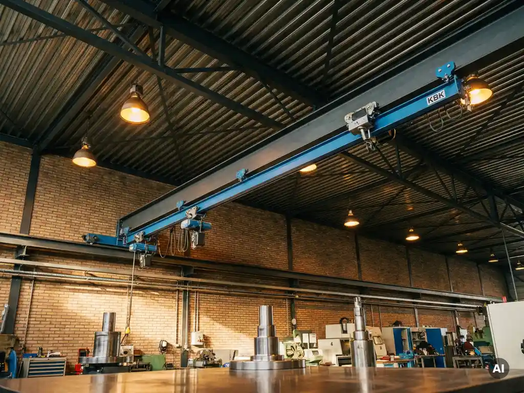 KBK lichtbaansysteem naast een monorailbalk in een Nederlandse industriële werkplaats, opgehangen aan stalen plafondconstructie.