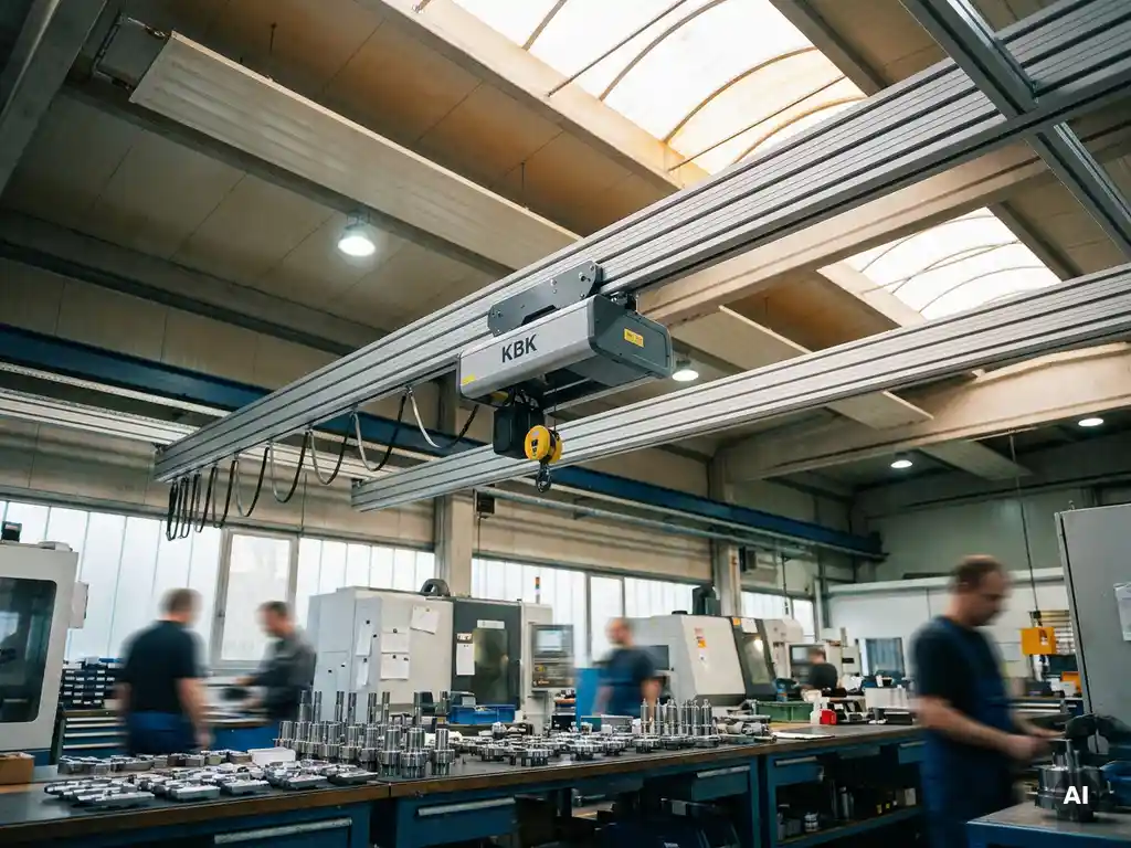 KBK lichtbaankraan hangend aan aluminiumrails boven een productievloer met precisie metaalonderdelen op een werkbank.